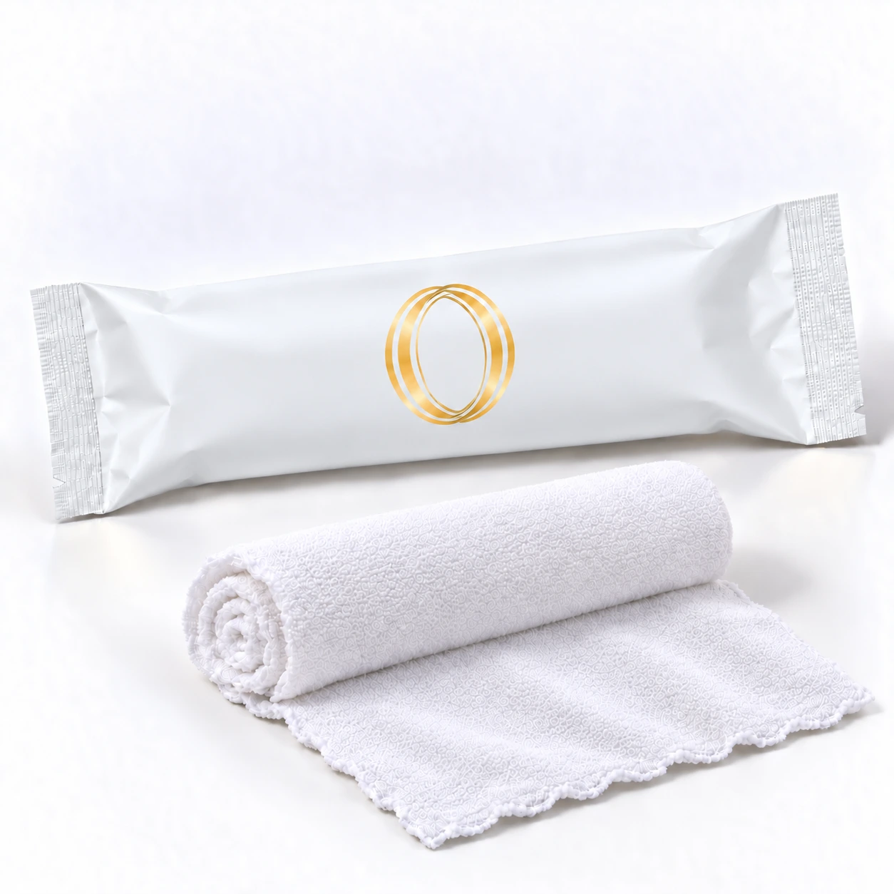 White Tea oshibori towel in matte white packaging laid flat beside the rolled white microfiber towel