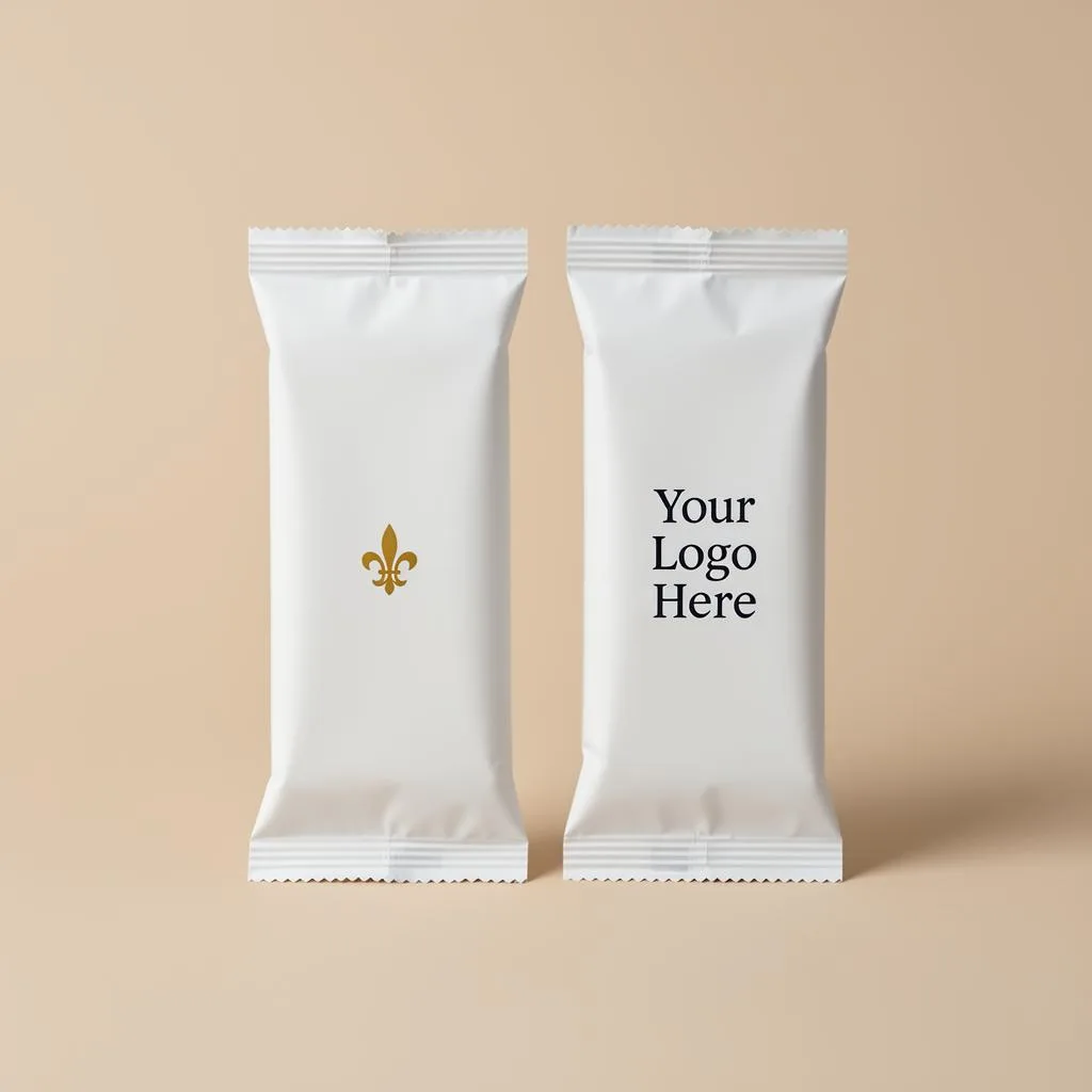 Custom branded oshibori towels with gold foil logo on marble surface