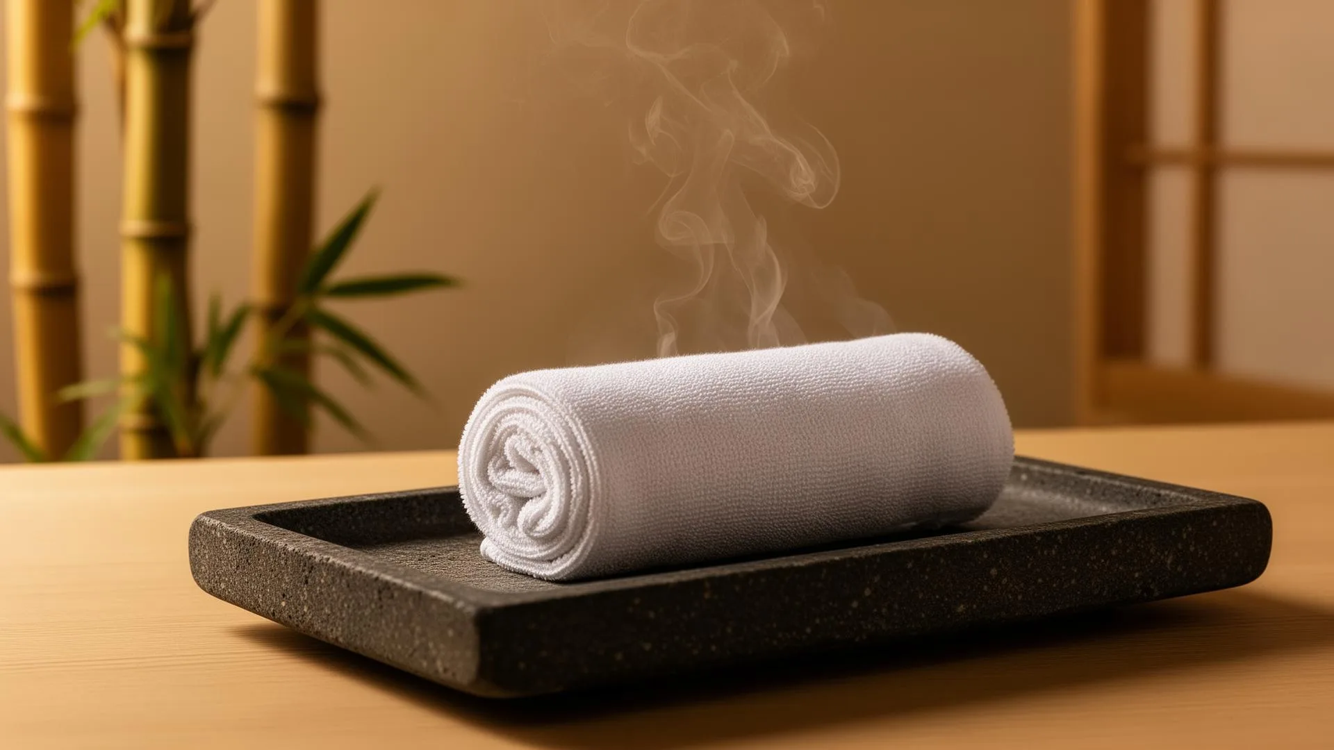 Luxury oshibori towel on stone tray with steam